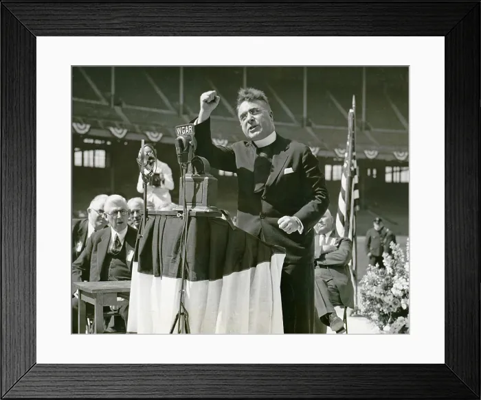 Framed Print : Father Coughlin (1891-1979), Father Coughlin addresses large Cleveland rally with right fist raised, speaking at rally, prior to Ohio primary, at a stadium in Cleveland, Ohio
