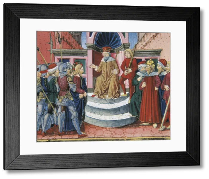 Framed Print : DE PREDIS, Cristoforo (1440-1486). Stories of Saint Joachim, Saint Anne, Virgin Mary, Jesus, the Baptist and the End of the World. 1476. Jesus is led before Herode