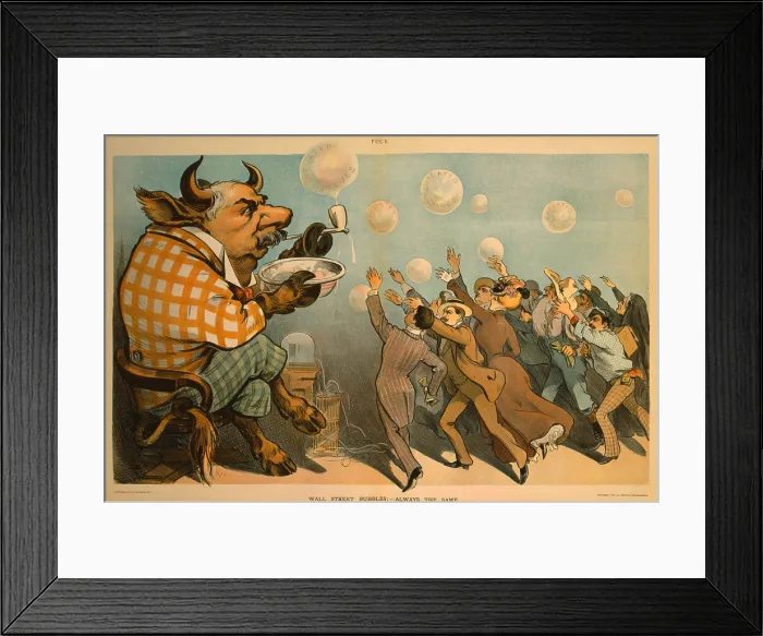 Framed Print : 1901 caricature of John Pierpont Morgan as a bull blowing bubbles inflated values, for which people are reaching Framed Print : 1901 caricature of John Pierpont Morgan as a bull blowing bubbles inflated values, for which people are reaching