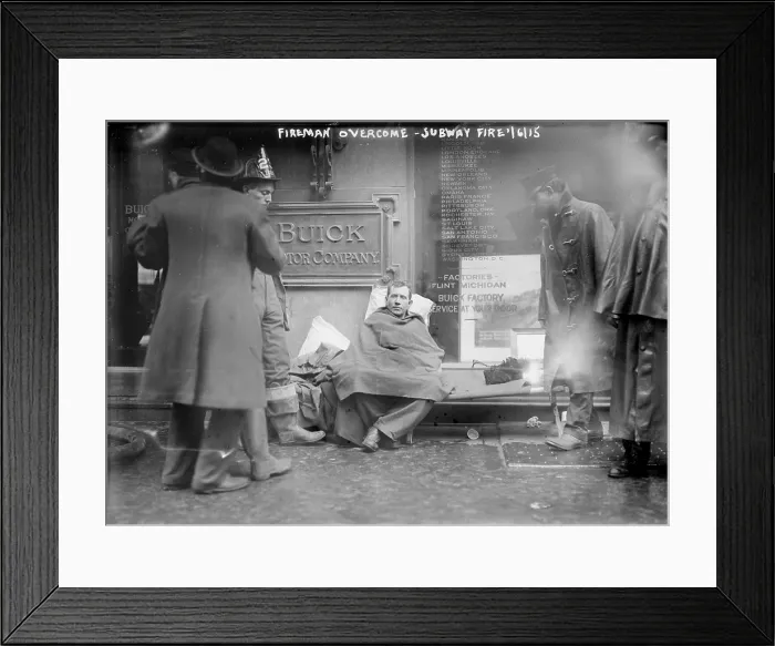 Framed Print : New York City subway fire overcome, Broadway and West 55th Street, New York City, photograph, January 6, 1915
