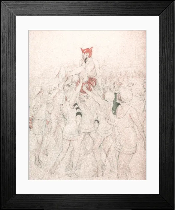 Framed Print : Drawing of girls in bathing suits holding up the devil, illustration by Oliver Herford, 1910-1935 Framed Print : Drawing of girls in bathing suits holding up the devil, illustration by Oliver Herford, 1910-1935
