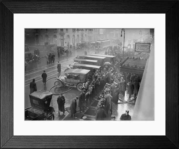 Framed Print : New York City subway fire, Broadway and West 55th Street, New York City, photograph, January 6, 1915