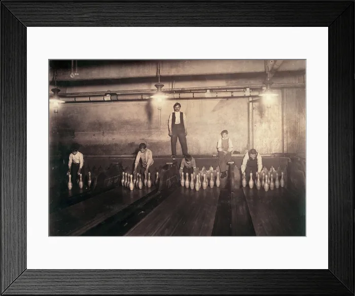 Framed Print : Child labor, pin boys at a bowling alley, from original caption: 1:00 A.M. pin boys working in subway bowling alleys, 65 South Street, Brooklyn, every night Framed Print : Child labor, pin boys at a bowling alley, from original caption: 1:00 A.M. pin boys working in subway bowling alleys, 65 South Street, Brooklyn, every night