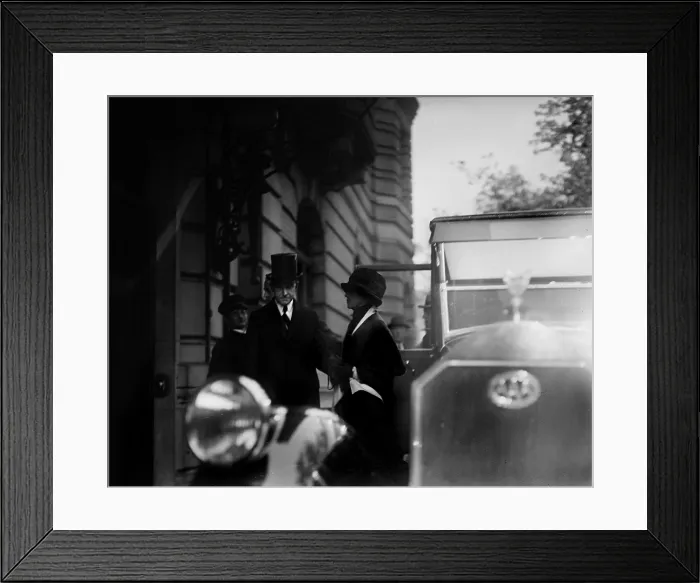 Framed Print : President Calvin Coolidge (front left), and First Lady Grace Coolidge (right), leaving home of Justice Joseph McKenna after a funeral, October 13, 1924 Framed Print : President Calvin Coolidge (front left), and First Lady Grace Coolidge (right), leaving home of Justice Joseph McKenna after a funeral, October 13, 1924