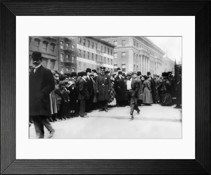 Framed Print : Triangle Shirtwaist Factory fire, crowds outside pier morgue, New York City, March 26, 1911 Framed Print : Triangle Shirtwaist Factory fire, crowds outside pier morgue, New York City, March 26, 1911