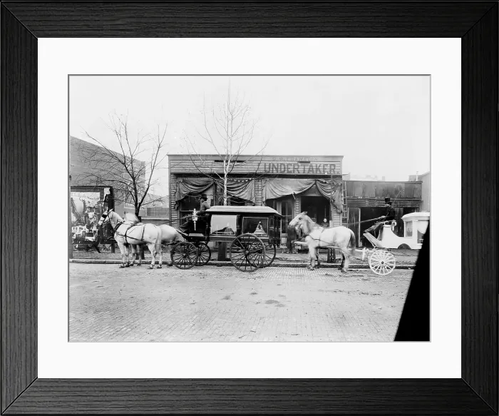 Framed Print : Horses and carriages in front of funeral home of C.W. Franklin, undertaker, Chattanooga, Tennessee, photograph, 1899 Framed Print : Horses and carriages in front of funeral home of C.W. Franklin, undertaker, Chattanooga, Tennessee, photograph, 1899