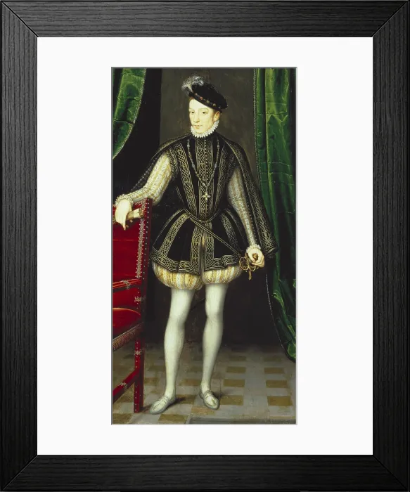 Framed Print : CLOUET, Franois (1505-1573). King Charles IX of France. 1563. Full figure portrait when he was 20 years-old, as the paving inscription states. Renaissance art. Oil. FRANCE. Paris Framed Print : CLOUET, Franois (1505-1573). King Charles IX of France. 1563. Full figure portrait when he was 20 years-old, as the paving inscription states. Renaissance art. Oil. FRANCE. Paris