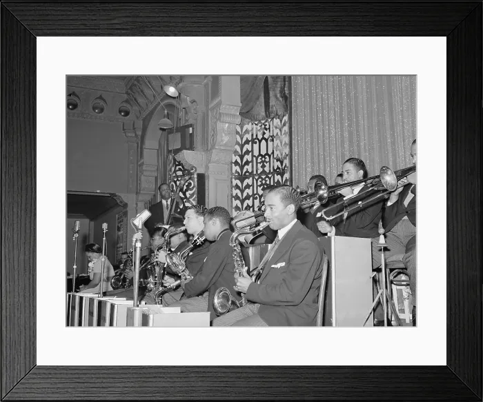 Framed Print : The Count Basie Orchestra at the Savoy Ballroom. Chicago, Illinois. Annotation on file print identifies the band as the Count Basie band Framed Print : The Count Basie Orchestra at the Savoy Ballroom. Chicago, Illinois. Annotation on file print identifies the band as the Count Basie band