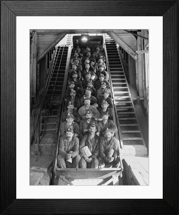 Framed Print : Miners in an open tram at the Calumet and Hecla Mining Company, one of the largest and most profitable copper mines in American in the late 19th and early 20th century Framed Print : Miners in an open tram at the Calumet and Hecla Mining Company, one of the largest and most profitable copper mines in American in the late 19th and early 20th century