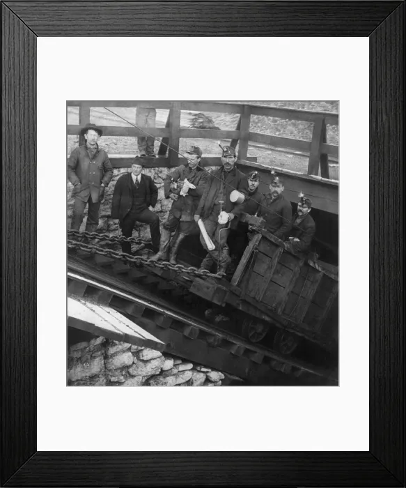 Framed Print : Five miners going into the Slope, descending into coal mine, Hazelton, Pennsylvania. Note the man in a suit, standing on the steps, probably a manager