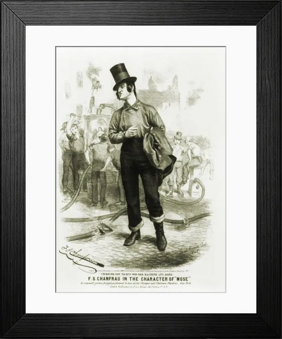 Framed Print : F.S. Chanfrau in the character of Mose, a New York Irish Bowery B'hoy and volunteer fireman, shown leaving a fire scene, with his coat over his arm, stovepipe hat Framed Print : F.S. Chanfrau in the character of Mose, a New York Irish Bowery B'hoy and volunteer fireman, shown leaving a fire scene, with his coat over his arm, stovepipe hat