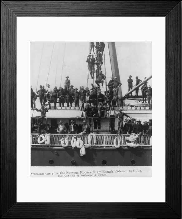 Framed Print : During the Spanish American War, the ship, the USS YUCATAN, carries Roosevelt's 'Rough Riders' to Cuba. Men line decks and rigging, 1898