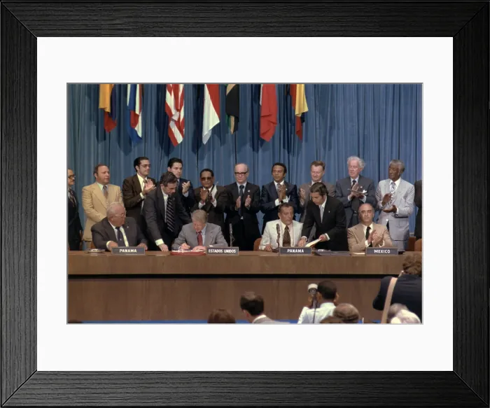 Framed Print : Jimmy Carter and Omar Torrijos at the signing of the Panama Canal Treaty returning the Canal to Panamanian sovereignty in 1999. June 16 1978 Framed Print : Jimmy Carter and Omar Torrijos at the signing of the Panama Canal Treaty returning the Canal to Panamanian sovereignty in 1999. June 16 1978