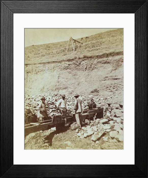 Framed Print : Chinese prospectors washing gold in a sluice box placed in the stream to channel water flown Framed Print : Chinese prospectors washing gold in a sluice box placed in the stream to channel water flown
