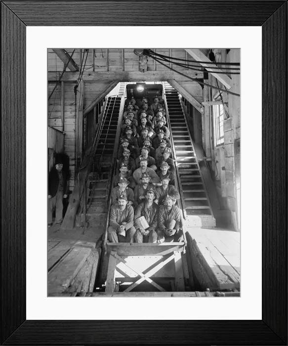 Framed Print : Miners in an open tram at the Calumet and Hecla Mining Company, one of the largest and most profitable copper mines in American in the late 19th and early 20th century Framed Print : Miners in an open tram at the Calumet and Hecla Mining Company, one of the largest and most profitable copper mines in American in the late 19th and early 20th century