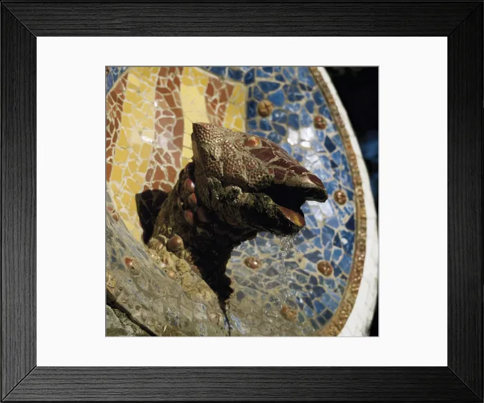 Framed Print : GAUDI i CORNET, Antoni (1852-1926). Park GUell. 1900-1914. SPAIN. CATALONIA. Barcelona. Park GUell. Piece of pottery with the shield of Catalonia and a dragon's head Framed Print : GAUDI i CORNET, Antoni (1852-1926). Park GUell. 1900-1914. SPAIN. CATALONIA. Barcelona. Park GUell. Piece of pottery with the shield of Catalonia and a dragon's head