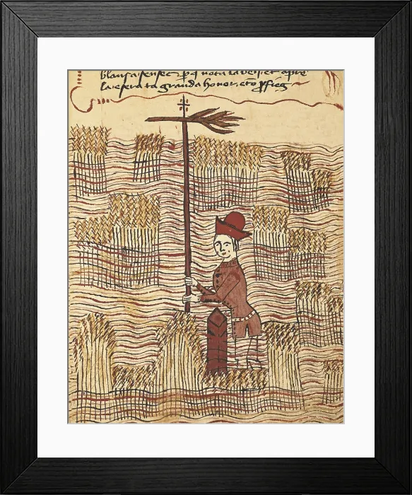 Framed Print : BOYSSET, Bertrand (1355-1415). Surveyor, historian and Occitan troubadour. Surveyor in a field. Using the weathervane on the milestone for better visibility. Ms 327 fol.197r
