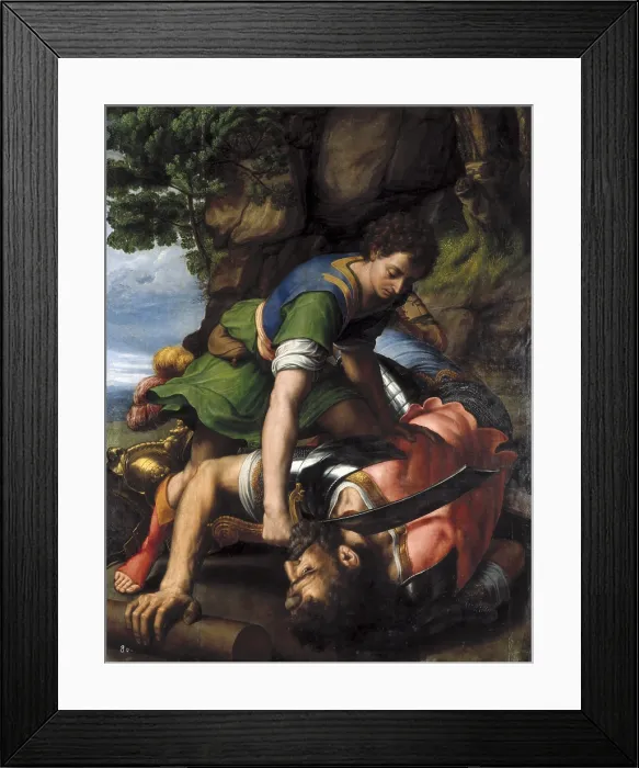 Framed Print : COXCIE, Michel (1499-1592). SPAIN. San Lorenzo de El Escorial. Royal Monastery of San Lorenzo de El Escorial. David beheading Goliath. C16th. Flemish art. Painting. - P Framed Print : COXCIE, Michel (1499-1592). SPAIN. San Lorenzo de El Escorial. Royal Monastery of San Lorenzo de El Escorial. David beheading Goliath. C16th. Flemish art. Painting. - P