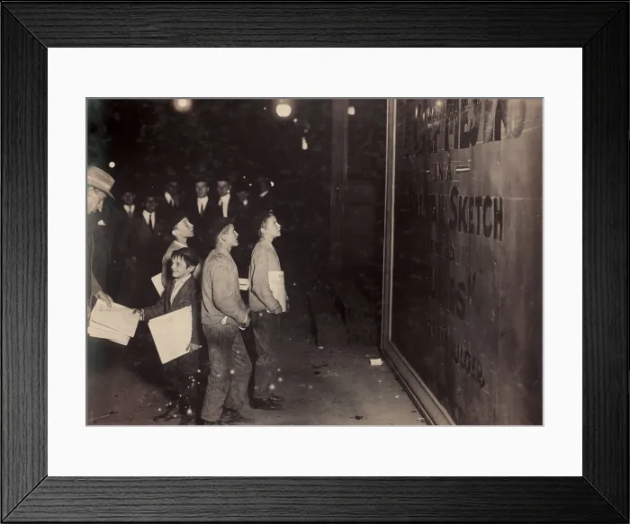 Framed Print : New York City, newsies hanging around Long Acre Square (Times Square) waiting for the Victoria Theatre to close, Broadway and 42nd Street, New York, photograph by Paul B