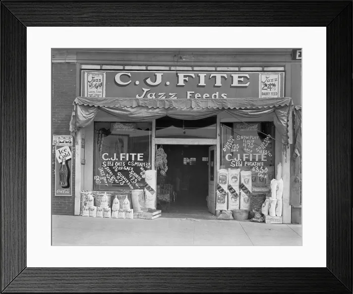 Framed Print : Alabama feed store front, sign reads: C. J. Fite Jazz Feeds, photograph by Walker Evans, March, 1936 Framed Print : Alabama feed store front, sign reads: C. J. Fite Jazz Feeds, photograph by Walker Evans, March, 1936