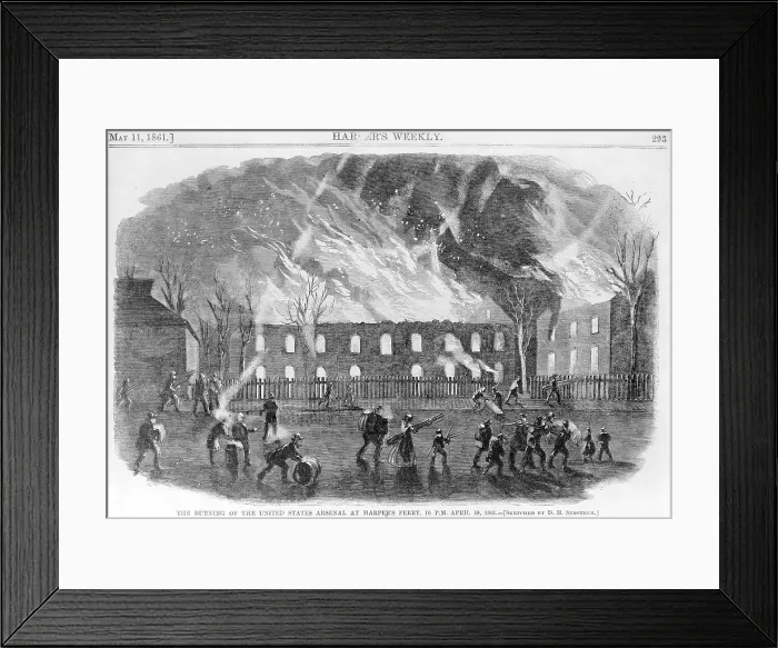 Framed Print : Harper's Ferry. The burning of the United States arsenal at Harper's Ferry, 10 P.M. April 18, 1861. sketched by D.H. Strother. Woodcut, ca 1861