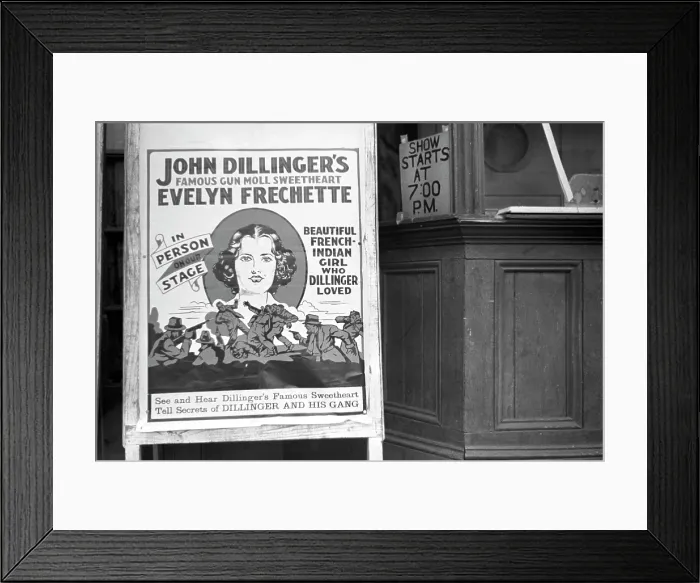 Framed Print : Movie theatre in Hillsboro, sandwichboard advertising an appearance by Evelyn Frechette, North Carolina, photograph by John Vachon, April, 1938