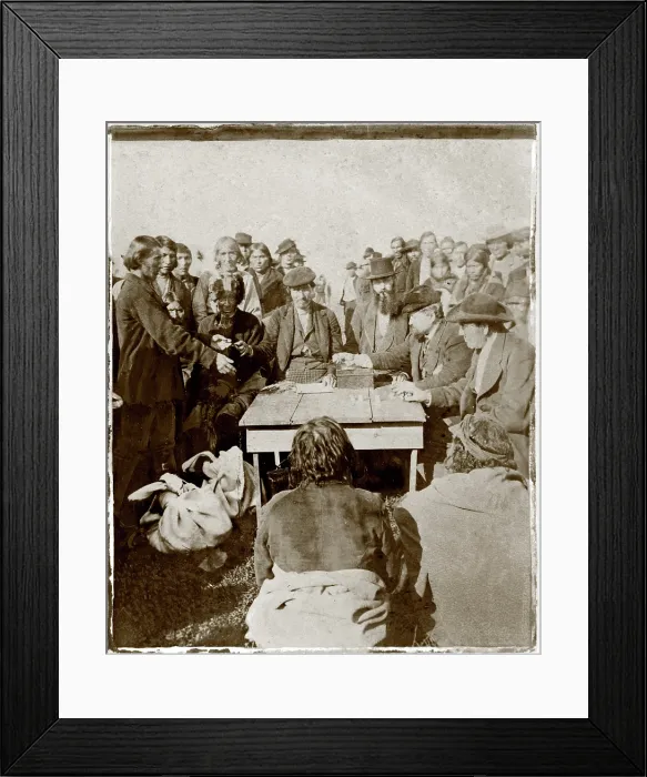 Framed Print : Cherokee Tribe. Possible scene of Federal payouts to Cherokee men. Stereocard, ca. 1870