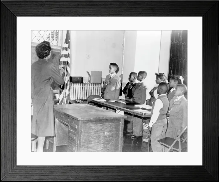 Framed Print : Mrs. Claire Cumberbatch, leader of the Bedford-Stuyvesant group protesting alleged 'segregated' school, leads oath of allegiance