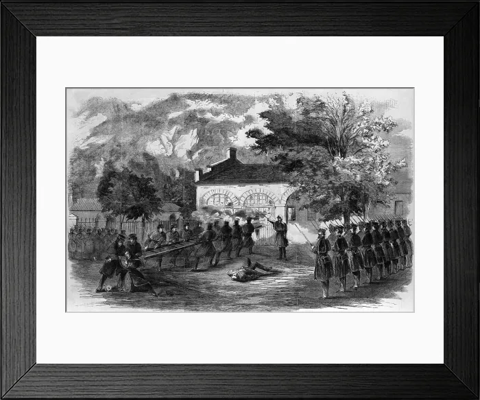 Framed Print : Harper's Ferry. The U.S. Marines storming the engine house--Insurgents firing through holes in the doors. Woodcut, ca 1859 Framed Print : Harper's Ferry. The U.S. Marines storming the engine house--Insurgents firing through holes in the doors. Woodcut, ca 1859