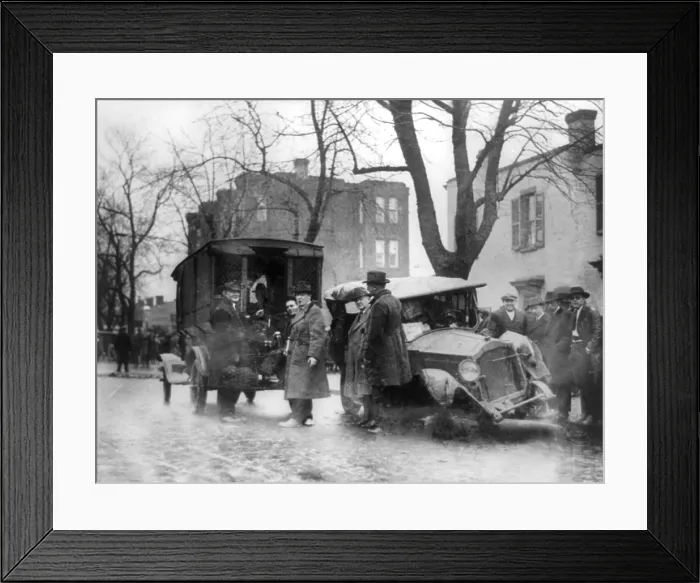 Framed Print : Bootlegging and Prohibition, from original caption: After a thrilling chase through the busiest streets of Washington