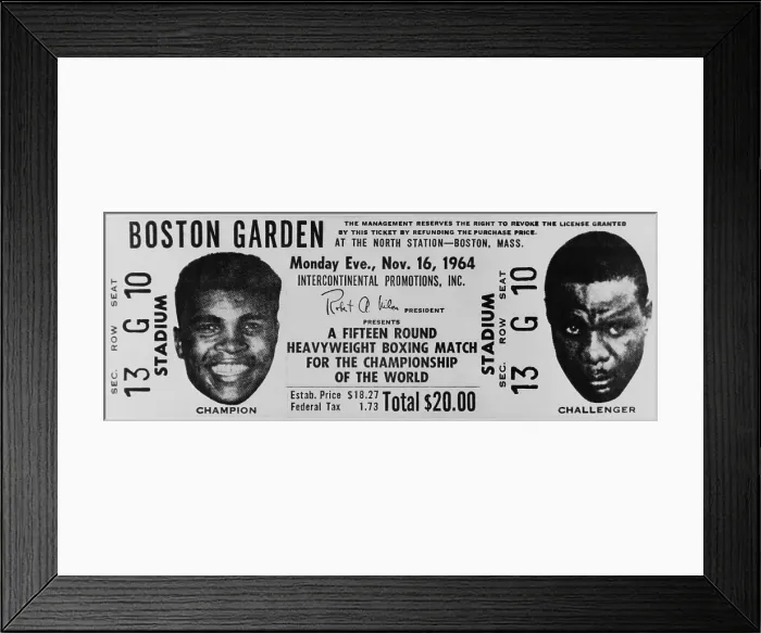 Framed Print : Ticket to world championship boxing match at Boston Garden between Muhammad Ali and Sonny Liston on Nov. 9, 1964 Framed Print : Ticket to world championship boxing match at Boston Garden between Muhammad Ali and Sonny Liston on Nov. 9, 1964