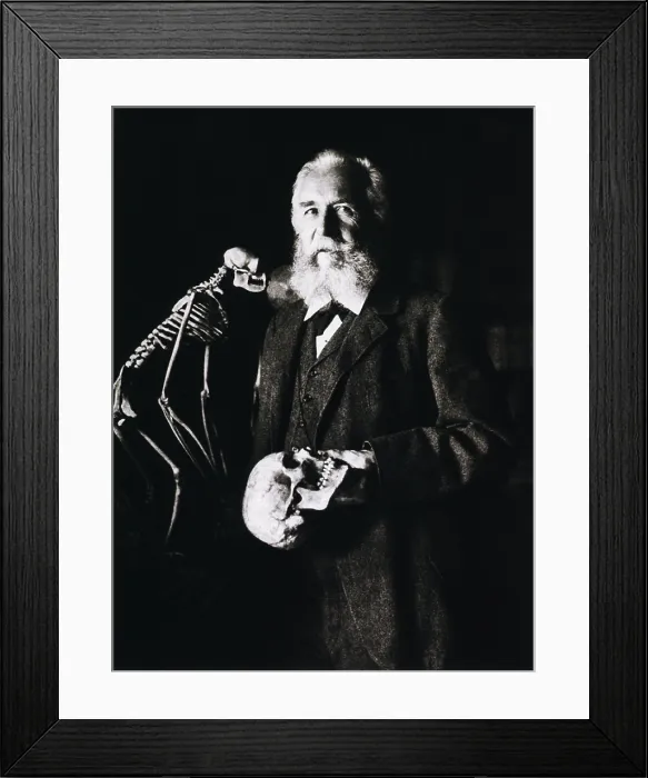 Framed Print : Ernest Haeckel (1834-1919) standing beside a skeleton of monkey and holding a human skull Framed Print : Ernest Haeckel (1834-1919) standing beside a skeleton of monkey and holding a human skull