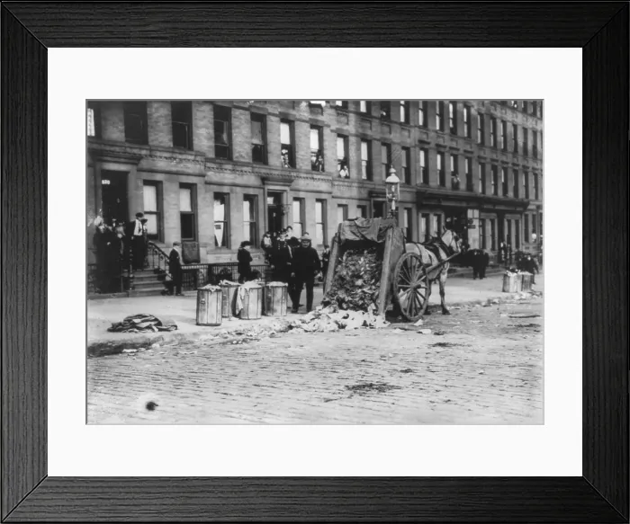 Framed Print : New York City, garbage collector's strike, horse-drawn garbage cart dumped on street, 72nd Street and 1st Avenue, photograph, November, 1911