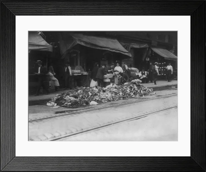 Framed Print : New York City, garbage collector's strike, Piles of garbage on street outside markets at Essex and Hester Streets, photograph, November, 1911 Framed Print : New York City, garbage collector's strike, Piles of garbage on street outside markets at Essex and Hester Streets, photograph, November, 1911