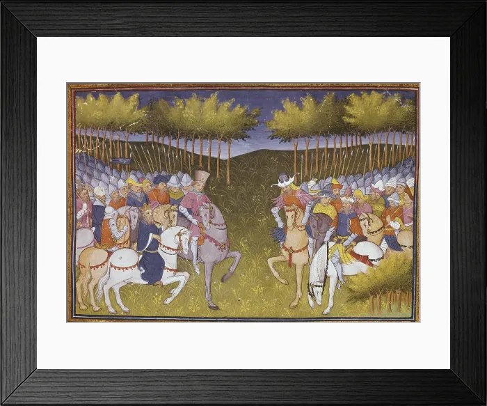 Framed Print : Ms 490. Folio 63r. Roman of Ogier the Dane (Ogier le Danois), legendary character of the 8th century. Encounter of two armies. Prose chronicle ca