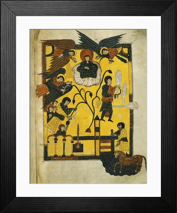 Framed Print : Escorial Beatus. 950 - 955. Cod & II. 5. Folio 120 r. Vision of the Son of Man and the Three Angels in the eschatological harvest and vintage. (Rev. XIV, 14-20) Framed Print : Escorial Beatus. 950 - 955. Cod & II. 5. Folio 120 r. Vision of the Son of Man and the Three Angels in the eschatological harvest and vintage. (Rev. XIV, 14-20)