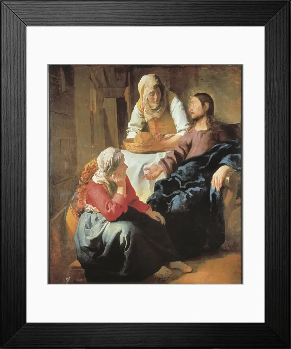 Framed Print : VERMEER, Johannes (1632-1675). Christ in the House of Martha and Mary. 1654 - 1655. Representation of the chapter 10 of Gospel of Luke, verses 38-42. Baroque art. Oil on canvas