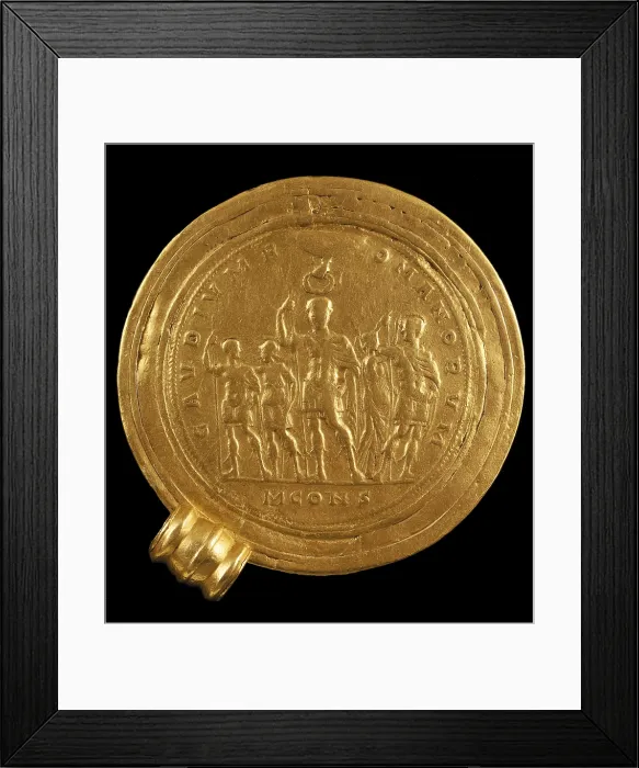 Framed Print : Medal of Constantine (4th c.). Gold. The emperor crowned by God's hand and their sons by Victory. Engraving. AUSTRIA. Vienna Framed Print : Medal of Constantine (4th c.). Gold. The emperor crowned by God's hand and their sons by Victory. Engraving. AUSTRIA. Vienna