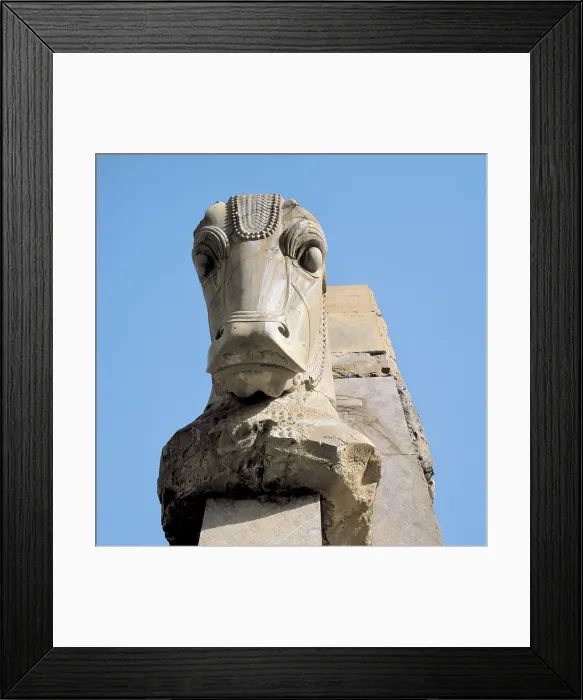 Framed Print : The Throne Hall or Hundred-Columns Palace. 485-465 BC. IRAN. FARS. Persepolis. Hall of a Hundred Columns or Throne Hall. Bull-shaped monumental head. Persian art