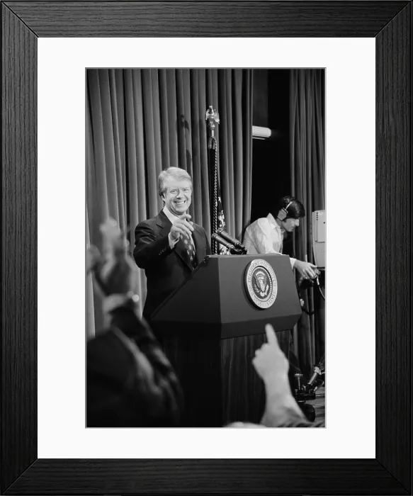 Framed Print : President Jimmy Carter taking a question at a press conference on Jan. 30 1977 Framed Print : President Jimmy Carter taking a question at a press conference on Jan. 30 1977
