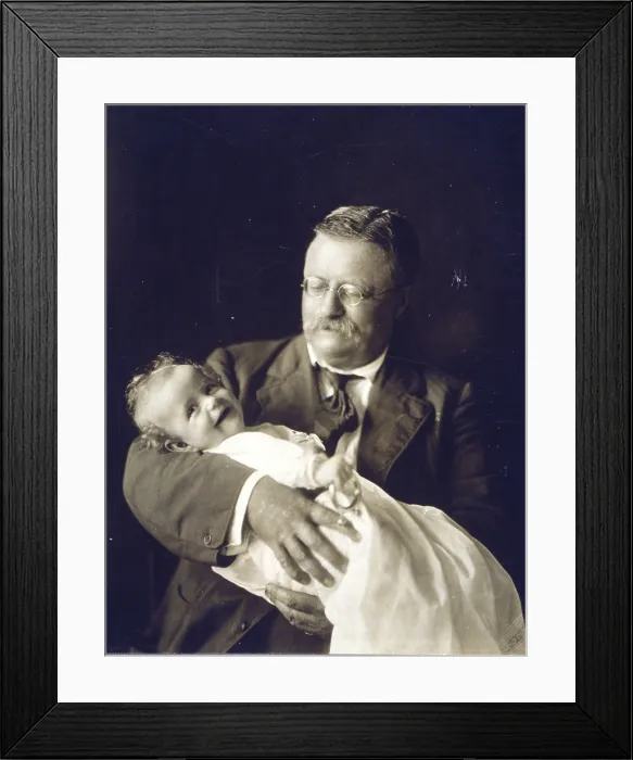 Framed Print : Theodore Roosevelt smiling as he holds his grandchild, Kermit Roosevelt, Jr. 1916 photo