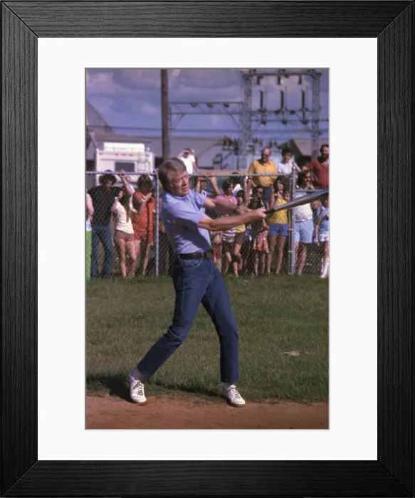 Framed Print : Jimmy Carter at bat during a softball game in his hometown of Plains Georgia. July 7 1977 Framed Print : Jimmy Carter at bat during a softball game in his hometown of Plains Georgia. July 7 1977