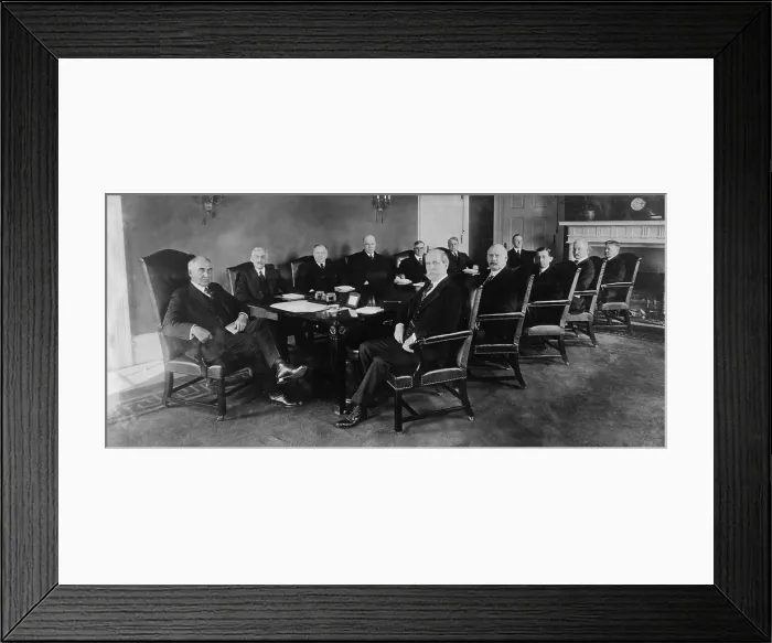 Framed Print : President Warren Harding (1865-1923) with his Cabinet in their first meeting followng his inauguration in 1921. Next to Harding is his Sec. of Treasury, Andrew Mellon, and Sec