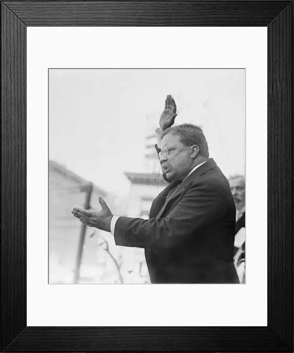 Framed Print : Ex-president Theodore Roosevelt gesticulating with arms as he speaks to a crowd at Yonkers, New York on 10-17-1910