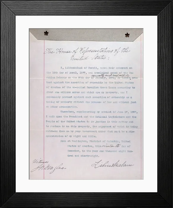 Framed Print : Hawaii. Letter from Liliuokalani, Queen of Hawaii to U.S. House of Representatives protesting U.S. assertion of ownership of Hawaii, December 19, 1898