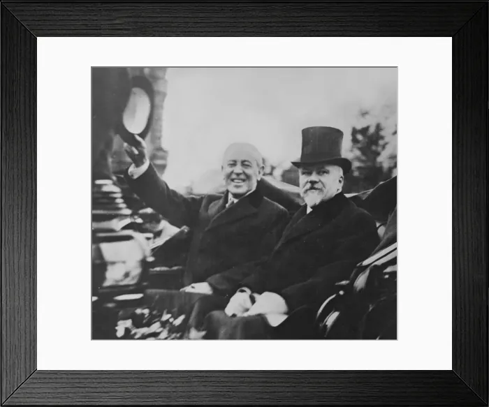 Framed Print : Woodrow Wilson (1856-1924) and Raymond Poincar (1860-1934), then President of France. 1919 photo taken during Wilson's European tour to attend the Versailles Peace Conference Framed Print : Woodrow Wilson (1856-1924) and Raymond Poincar (1860-1934), then President of France. 1919 photo taken during Wilson's European tour to attend the Versailles Peace Conference
