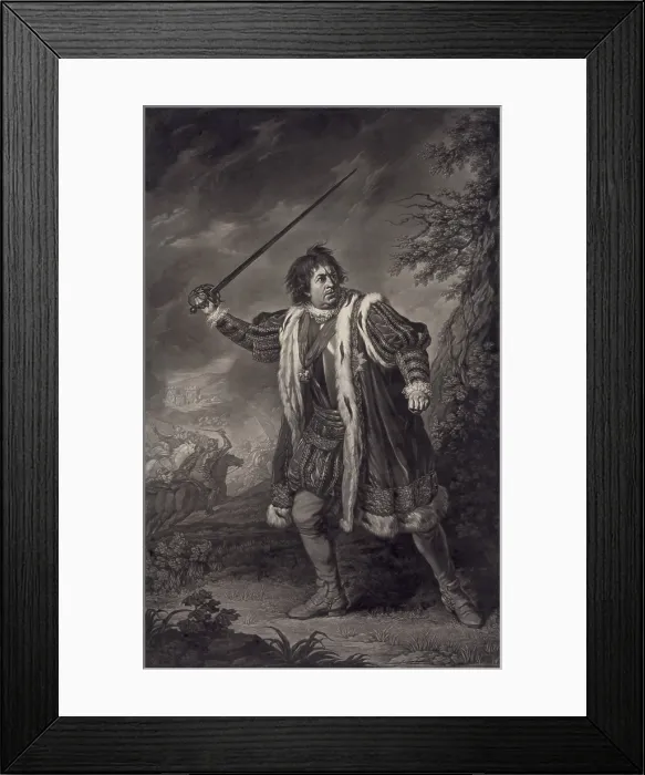 Framed Print : David Garrick (1717-1779), English actor, as Shakespeare's Richard III. Mezzotint by John Boydell, after painting by Nathaniel Dance. 1772 Framed Print : David Garrick (1717-1779), English actor, as Shakespeare's Richard III. Mezzotint by John Boydell, after painting by Nathaniel Dance. 1772