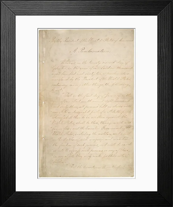 Framed Print : The Civil War. The manuscript of the Preliminary Emancipation Proclamation, which stated that slaves in those states or parts of states still in rebellion as of January 1, 1863 Framed Print : The Civil War. The manuscript of the Preliminary Emancipation Proclamation, which stated that slaves in those states or parts of states still in rebellion as of January 1, 1863