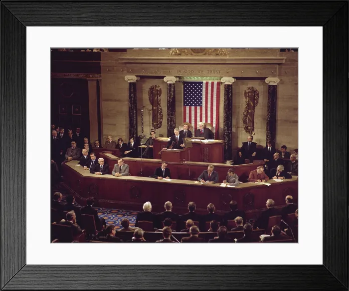 Framed Print : Jimmy Carter presents his State of the Union Speech to Congress addressing the Iranian hostage crisis Soviet invasion of Afghanistan instability in the Middle East