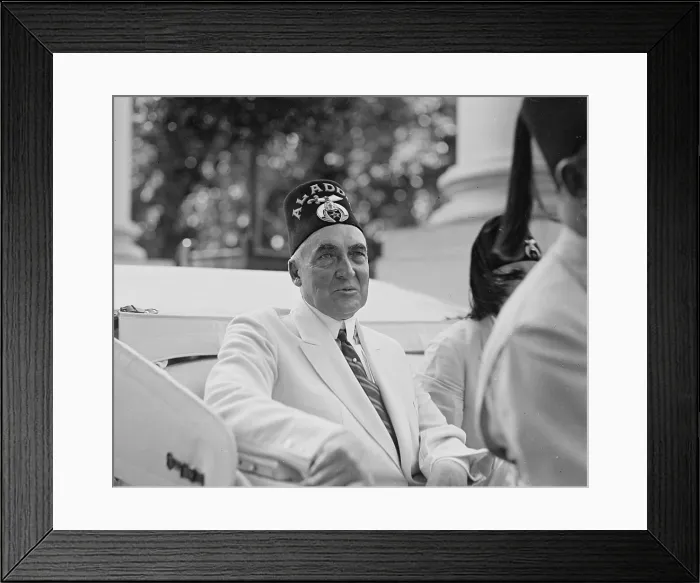 Framed Print : President Warren Harding (1865-1923) wearing ceremonial hat of fraternal organization Framed Print : President Warren Harding (1865-1923) wearing ceremonial hat of fraternal organization